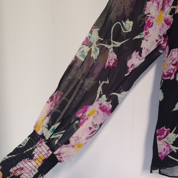 ALC Top Womens 4 Black Pink Multi Floral Silk Venetia Sheer Sleeve Boho Fairy - Picture 6 of 10